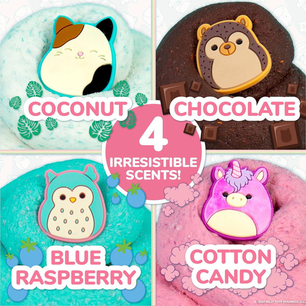 Exclusive Cam, Lola, Winston, Hans charms for Squishmallows slime play.