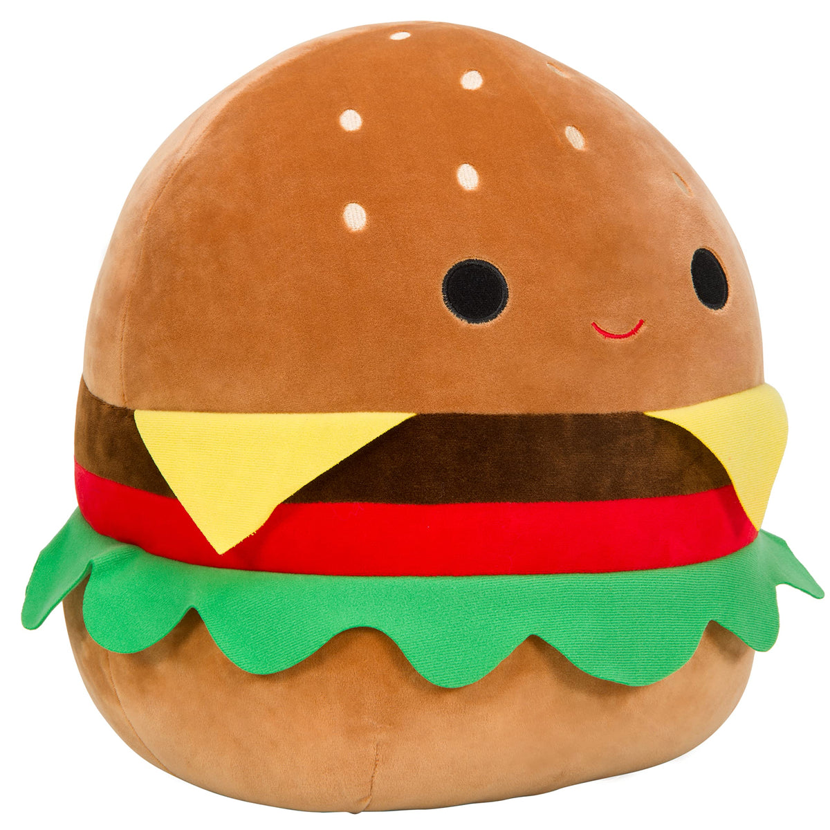 Carl the Cheeseburger close-up face showing ultra-soft fabric and friendly details