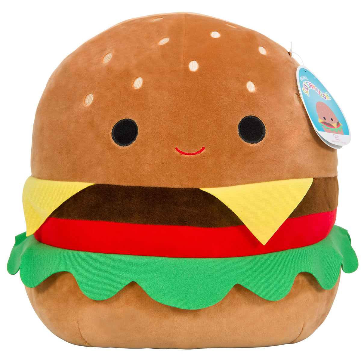 Squishmallows Carl the Cheeseburger plush, front view, soft cuddle buddy for kids