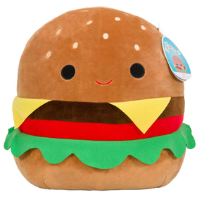 Squishmallows Carl the Cheeseburger plush, front view, soft cuddle buddy for kids