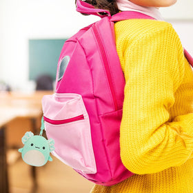 Squishmallows clip Emily-the-Bat cozy friend for car rides.