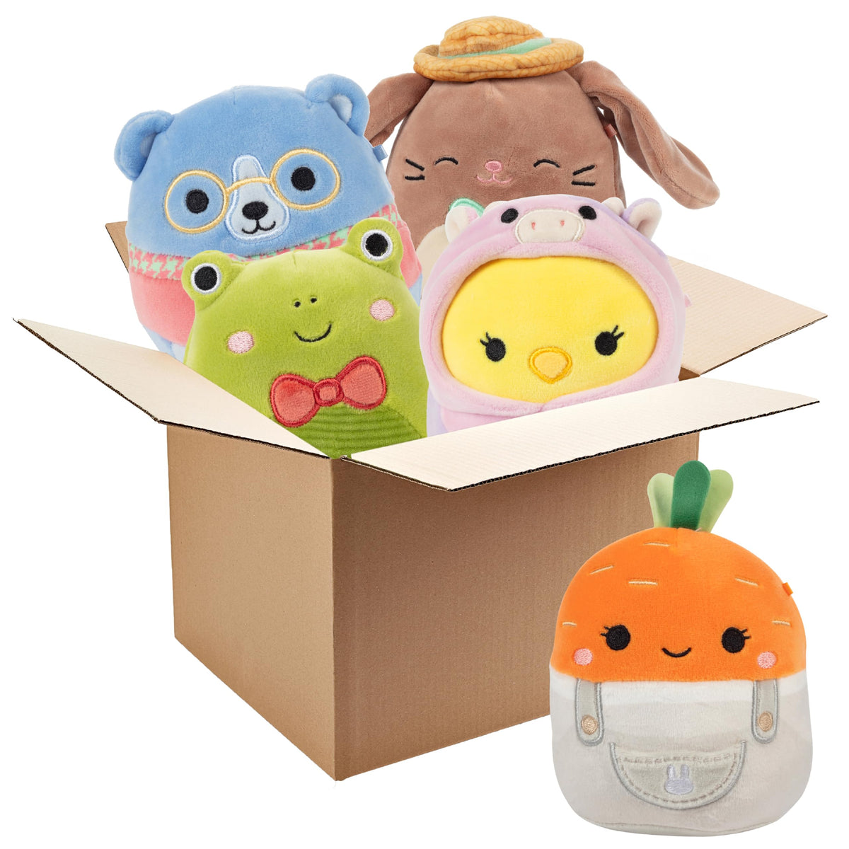 Squishmallows Easter Mystery Box 5-pack opened, colorful plush characters ready for cuddling and gifting.