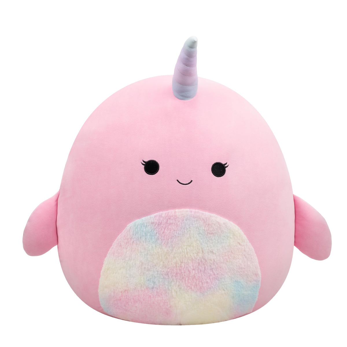 Squishmallows Esme pink narwhal front view, ultra-soft cuddle companion for hugs.