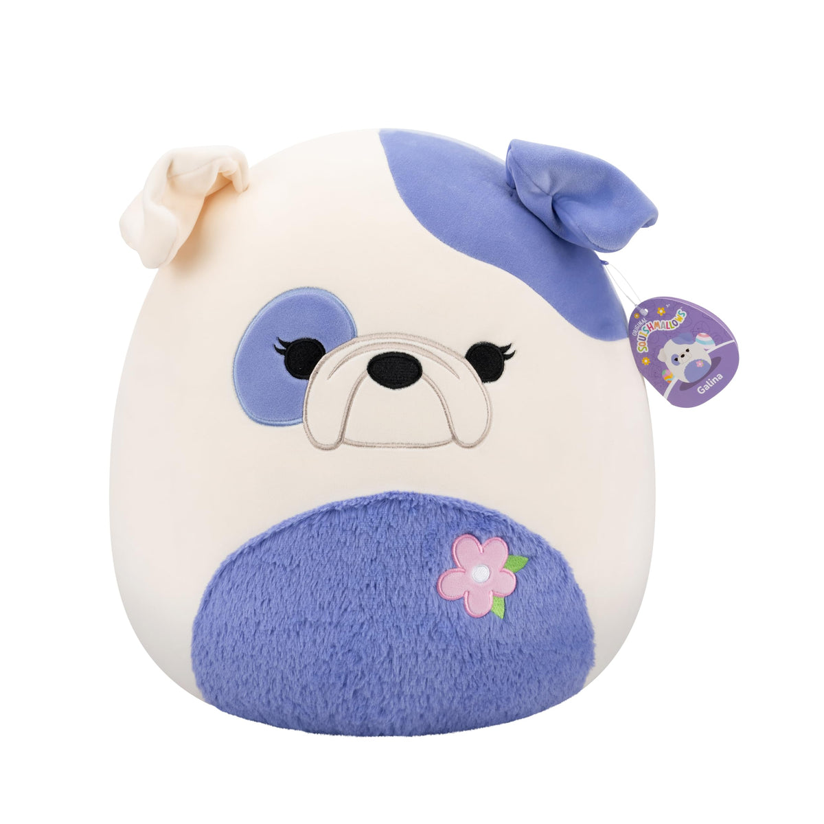Squishmallows Galina cream-periwinkle bulldog plush for cozy travel comfort