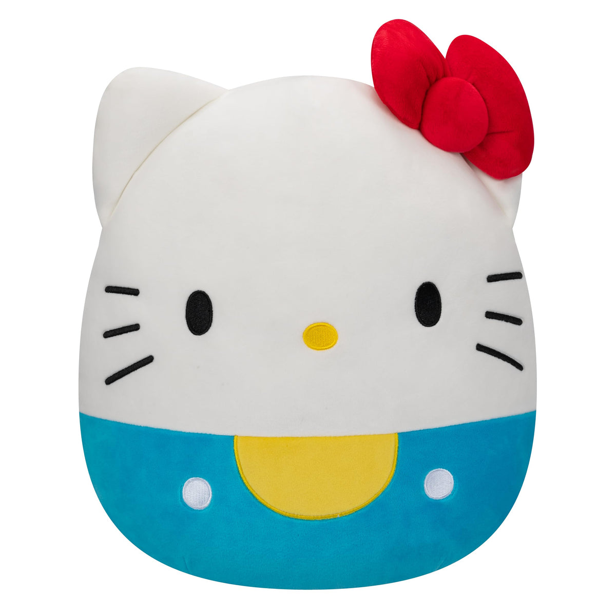Squishmallows Hello Kitty in blue overalls posing for cuddly sessions.