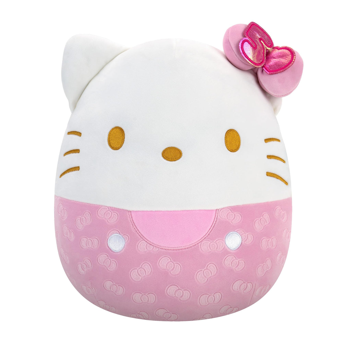 Squishmallows Hello Kitty embossed 14-inch front view showing ultrasoft fabric for cuddly comfort.