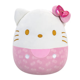 Squishmallows Hello Kitty embossed 14-inch front view showing ultrasoft fabric for cuddly comfort.