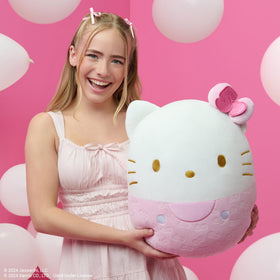 Close-up of ultrasoft material on Squishmallows Hello Kitty plush.