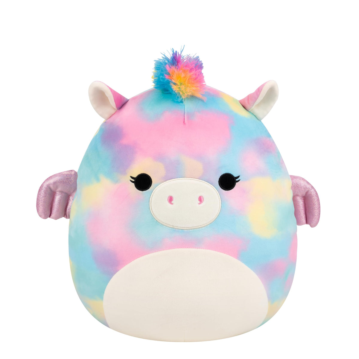 Squishmallows Jaime rainbow tie-dye Pegasus front view shows ultra-soft fur for cozy cuddles.