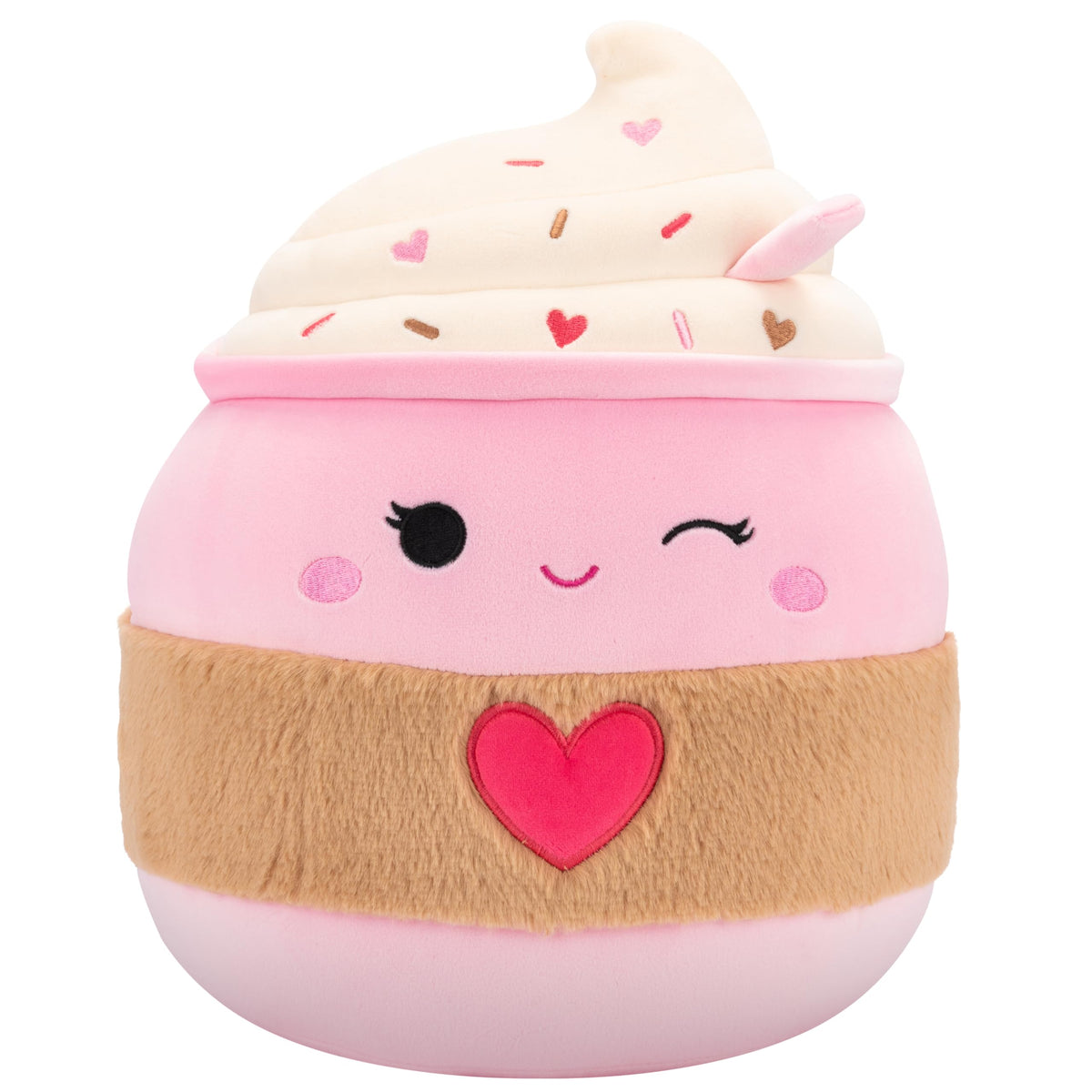 Squishmallows Jenny Pink Latte 14in plush offers soft cuddles and travel comfort.