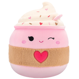 Squishmallows Jenny Pink Latte 14in plush offers soft cuddles and travel comfort.