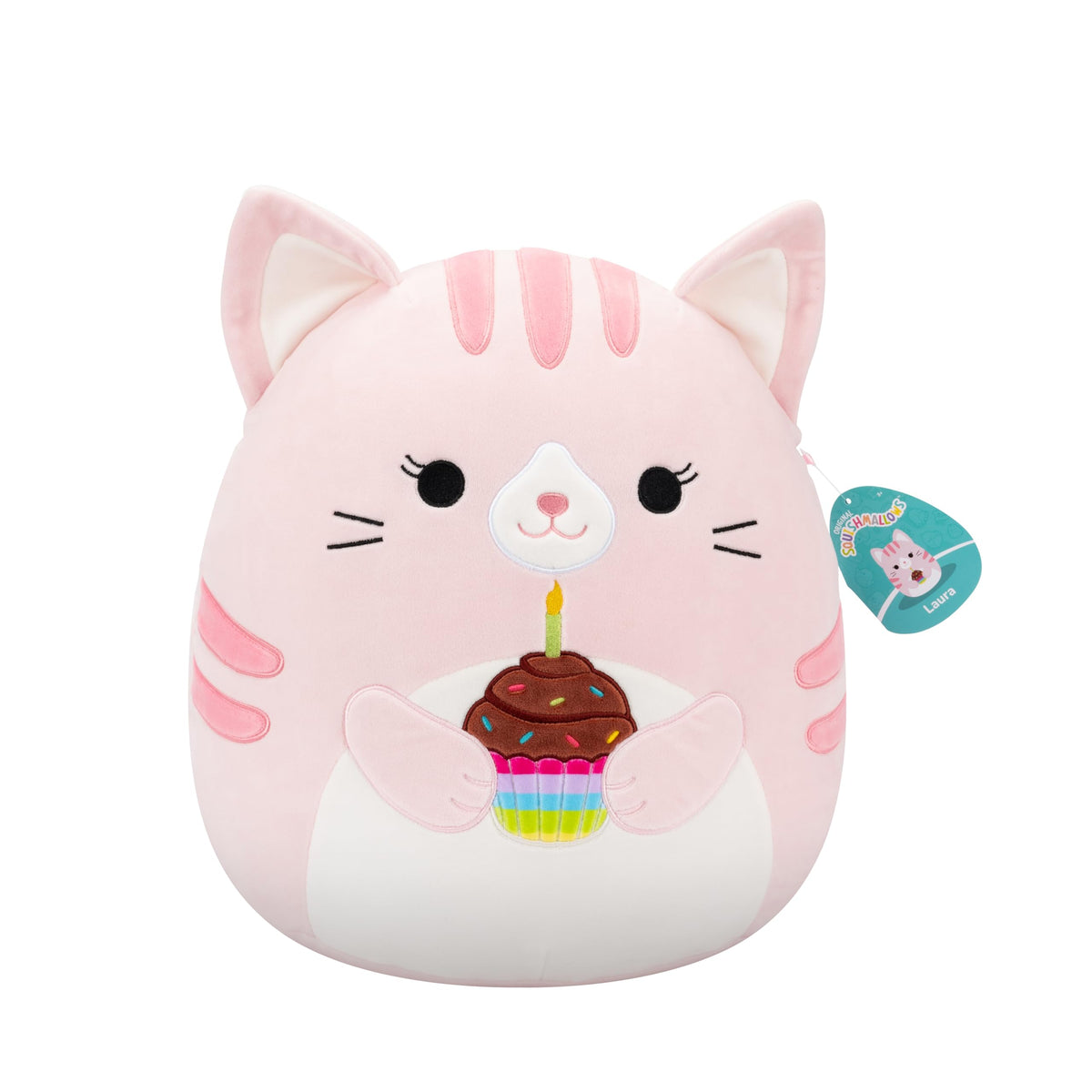 Squishmallows Laura pink tabby cat holding birthday cupcake, ultra-soft cuddle buddy for travel and play.
