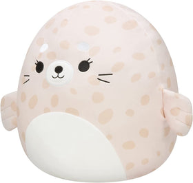 Squishmallows Lilou beige spotted seal plush close-up showing ultrasoft cuddle-ready texture.