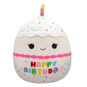 Squishmallows Lyla vanilla birthday cake embroidery detail for cozy cuddles.
