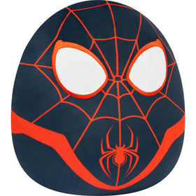 Squishmallows Miles Morales plush 12-inch face close-up shows friendly expression and soft texture.