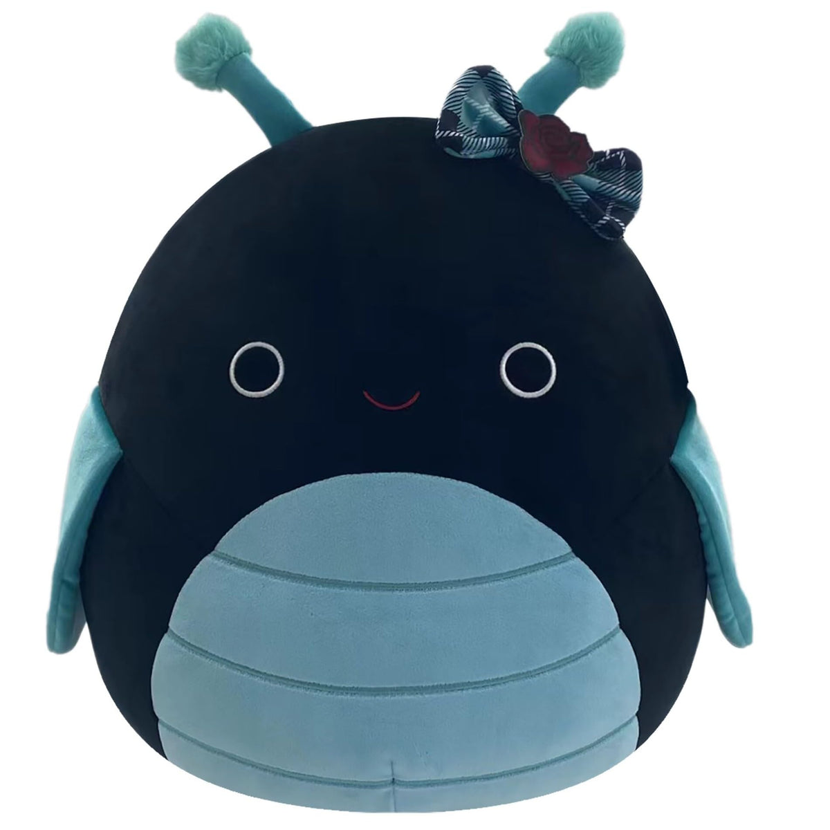 Celie the 14-inch Squishmallows grasshopper closeup showing teal and black plush and bow detail for comfort