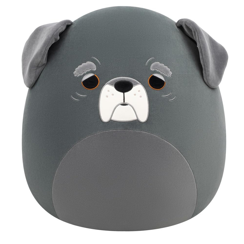 Squishmallows Herschel black and grey dog front view, cuddly display