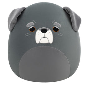 Squishmallows Herschel black and grey dog front view, cuddly display