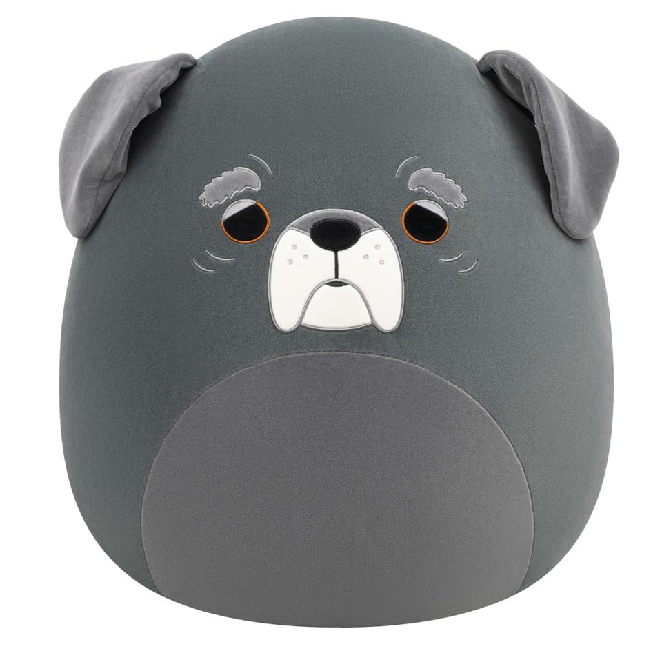 Squishmallows Herschel black and grey dog front view, cuddly display