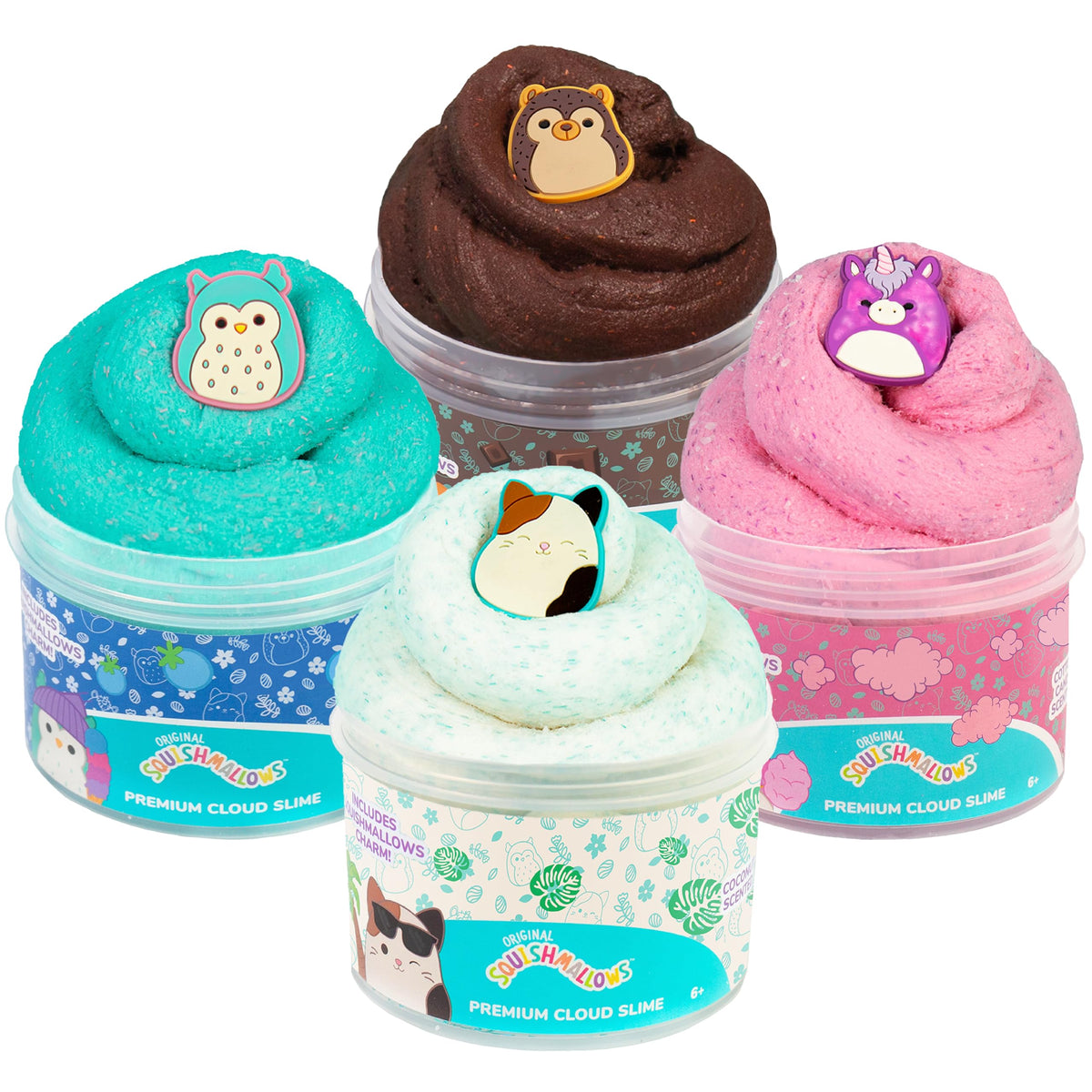 Squishmallows cloud slime four-pack jars ready for play and mess-free use.