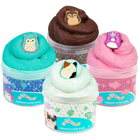 Squishmallows cloud slime four-pack jars ready for play and mess-free use.