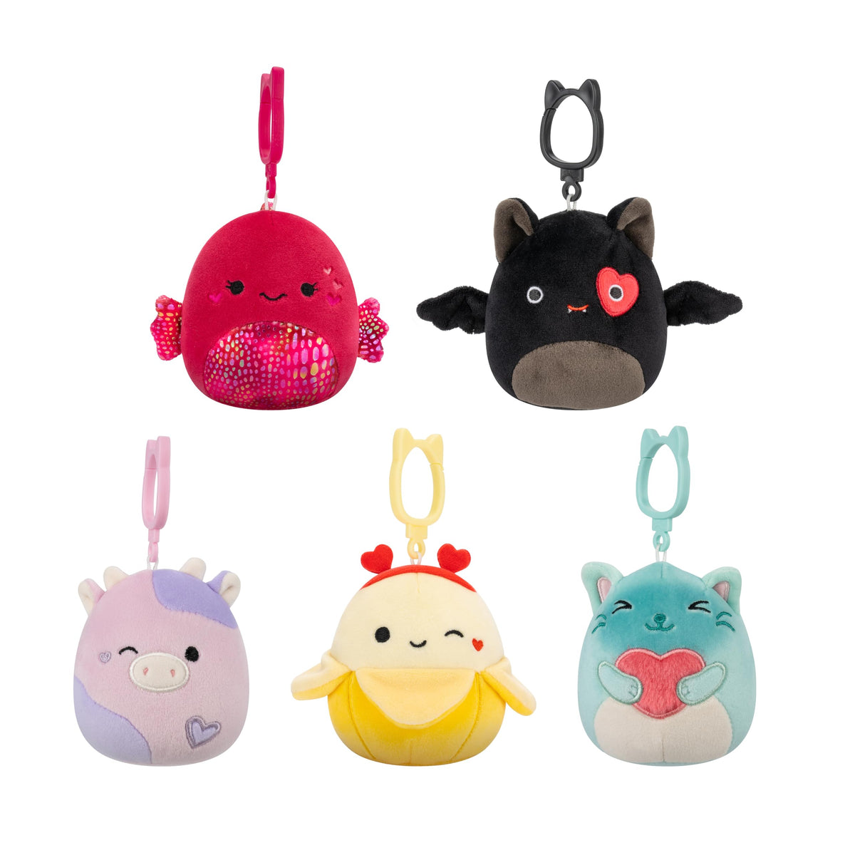 Squishmallows Original Valentine’s Day Clip 5-Pack packshot-portable plush companions for bags and cars.