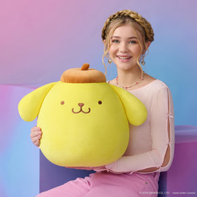 Squishmallows Pompompurin closeup soft-fur texture for comforting snuggles
