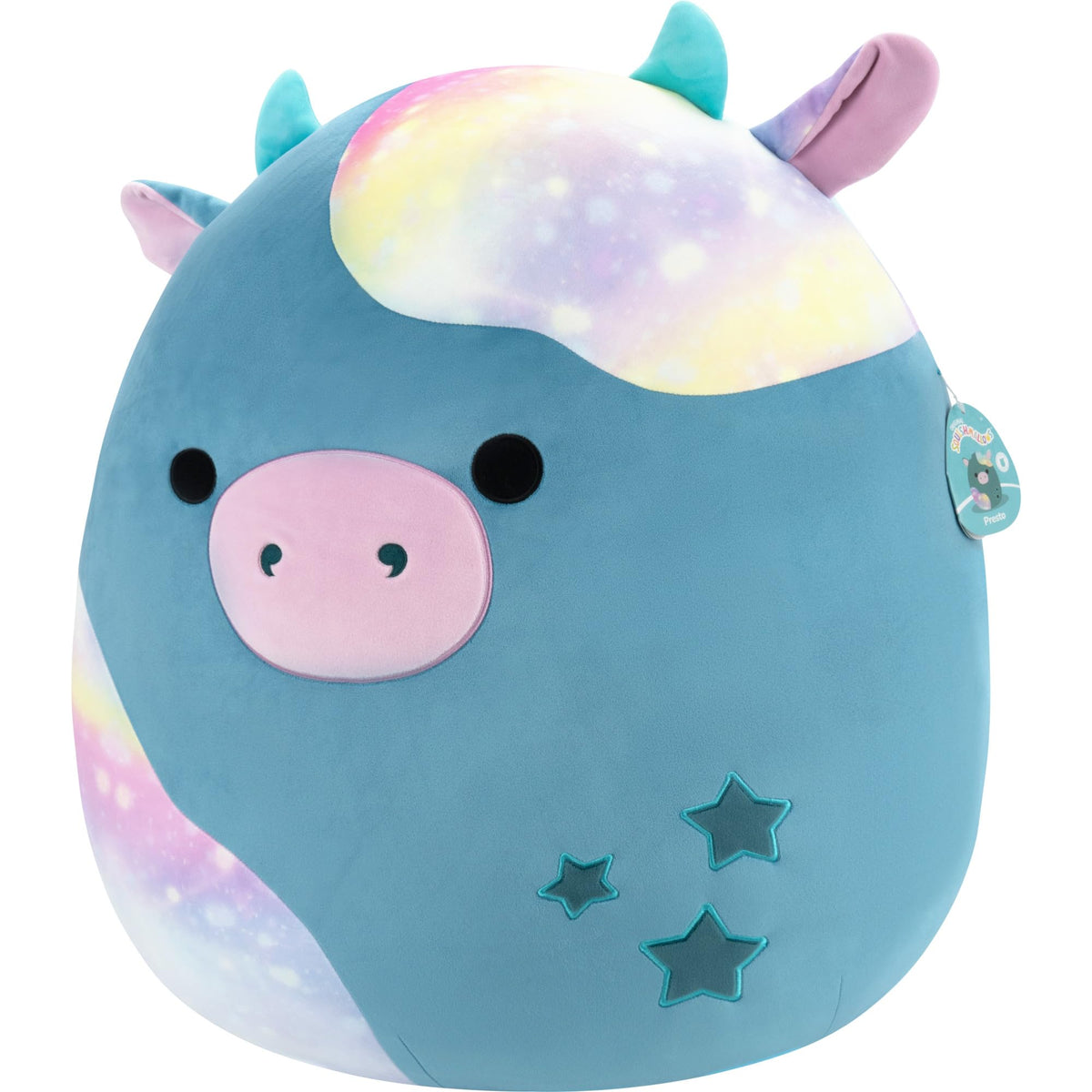 Squishmallows Presto teal galaxy cow — front view, cozy jumbo plush.
