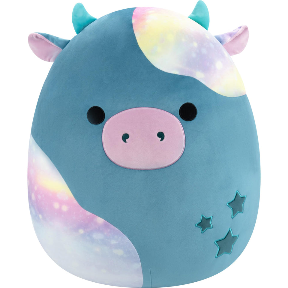 Squishmallows Presto teal galaxy cow — side view, ultra-soft cuddle buddy.