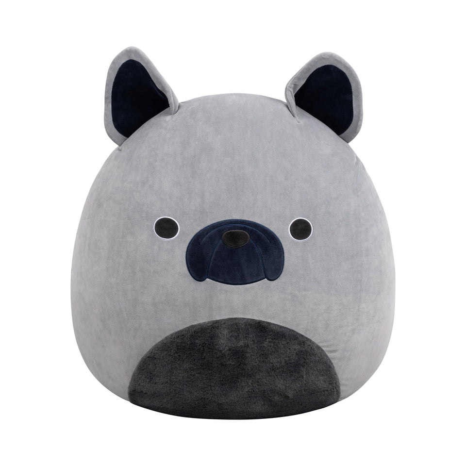 Squishmallows Regz grey French bulldog plush, ultra-soft cuddle buddy for travel.