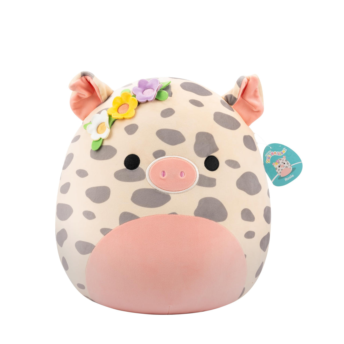 Squishmallows Rosie the spotted pig plush with flower pin, a soft cuddle companion.