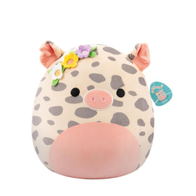 Squishmallows Rosie the spotted pig plush with flower pin, a soft cuddle companion.