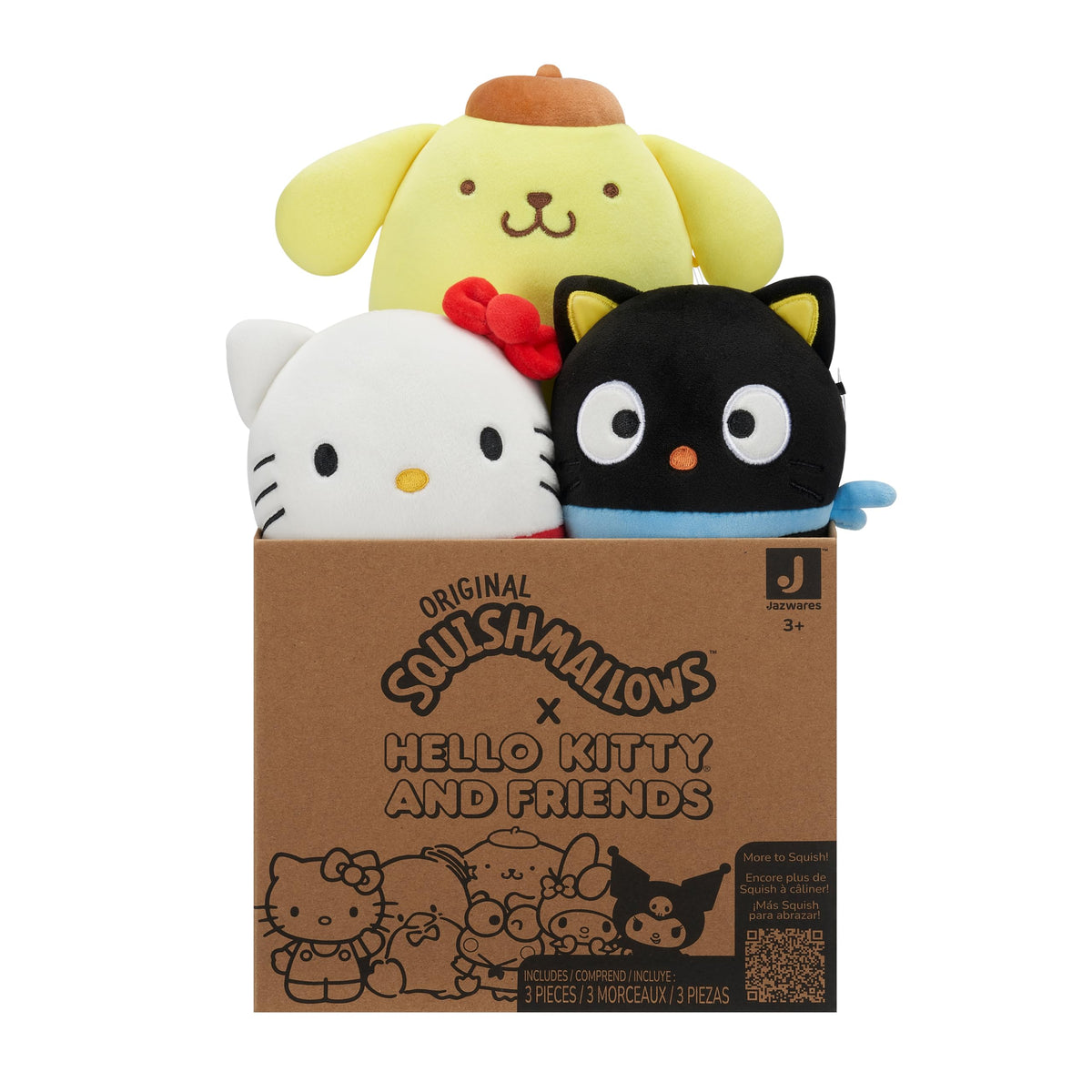 Squishmallows Sanrio Hello Kitty 3-pack packshot showing mystery plush options