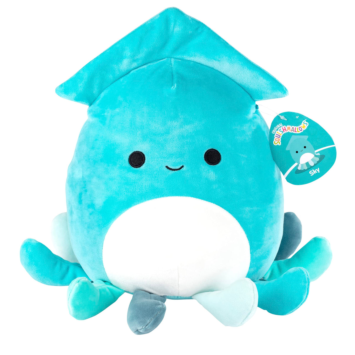 Squishmallows Sky graduation squid plush, front view, cuddly companion for celebrations.