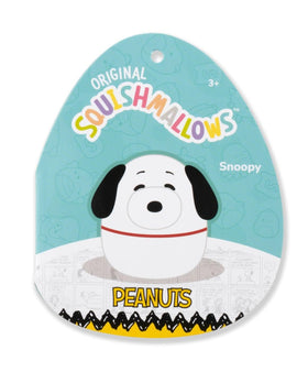 Squishmallows Snoopy plush face closeup: ultrasoft fabric for cozy snuggles.