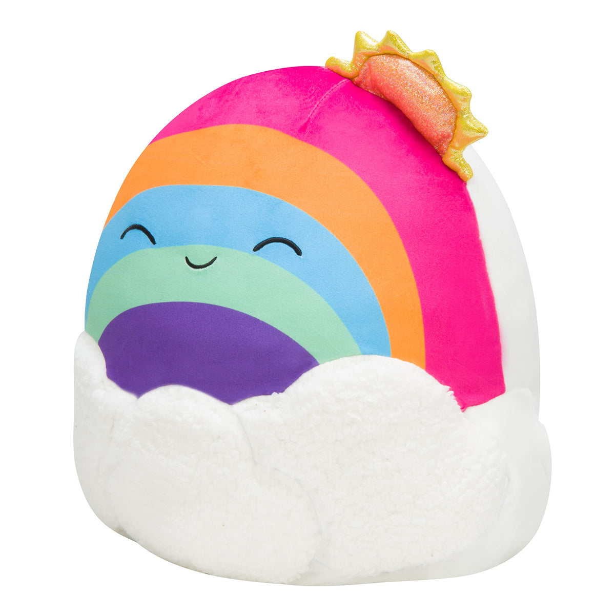 Squishmallows Sunshine Rainbow close-up shows ultra-soft fabric for cozy snuggles.