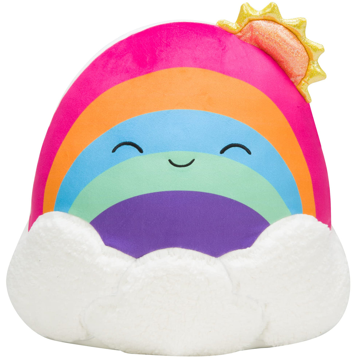 Squishmallows Sunshine Rainbow with Clouds 14-inch plush, perfect for comforting hugs and imaginative play.