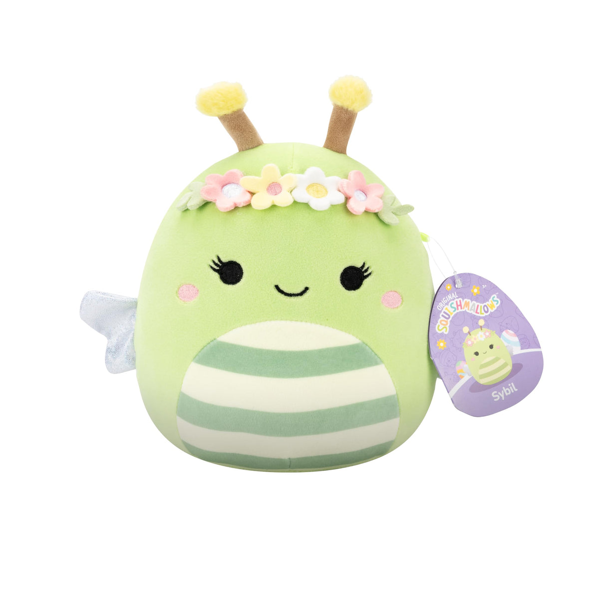 Squishmallows Sybil green bee plush with flower crown, ultrasoft 14-inch cuddle buddy.