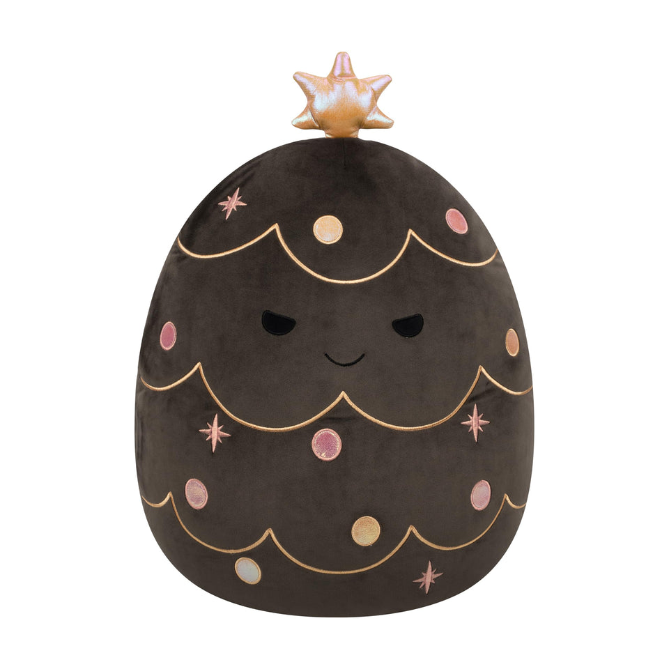 Squishmallows Ulysses on a black Christmas tree for cozy holidays
