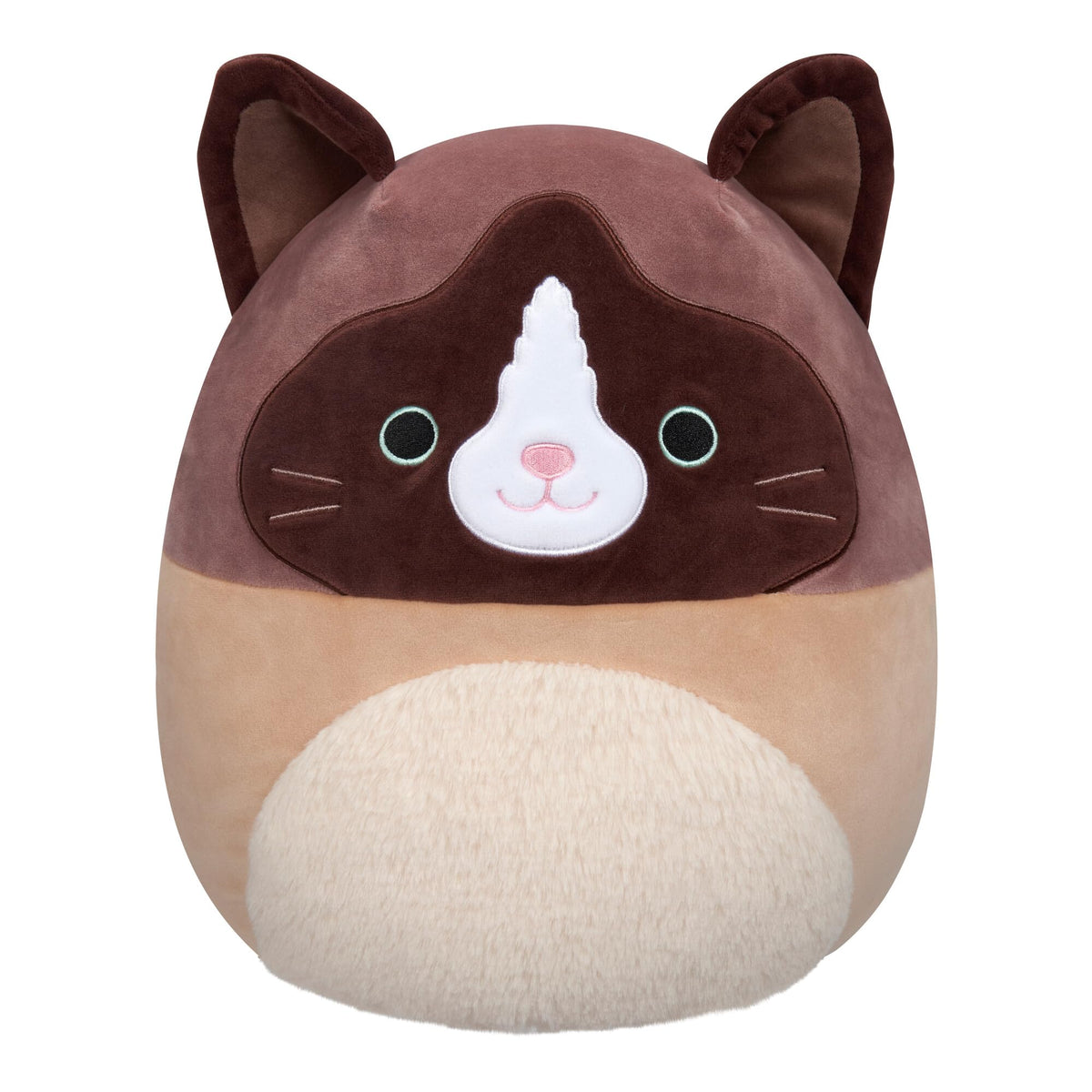 Squishmallows Woodward Snowshoe Cat front view, ultrasoft plush ideal for cuddling and display.