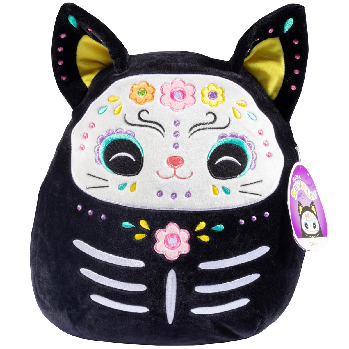 Squishmallows Zelina 12-inch Day of the Dead cat face detail for display