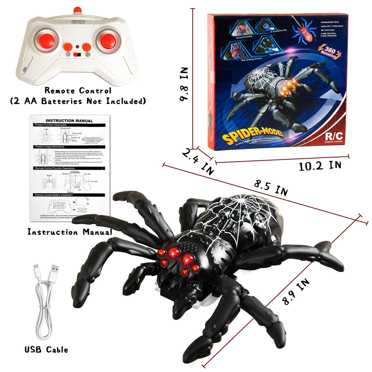 SQVIAFUN remote-control spider image showing the 4-channel controller for flexible moves