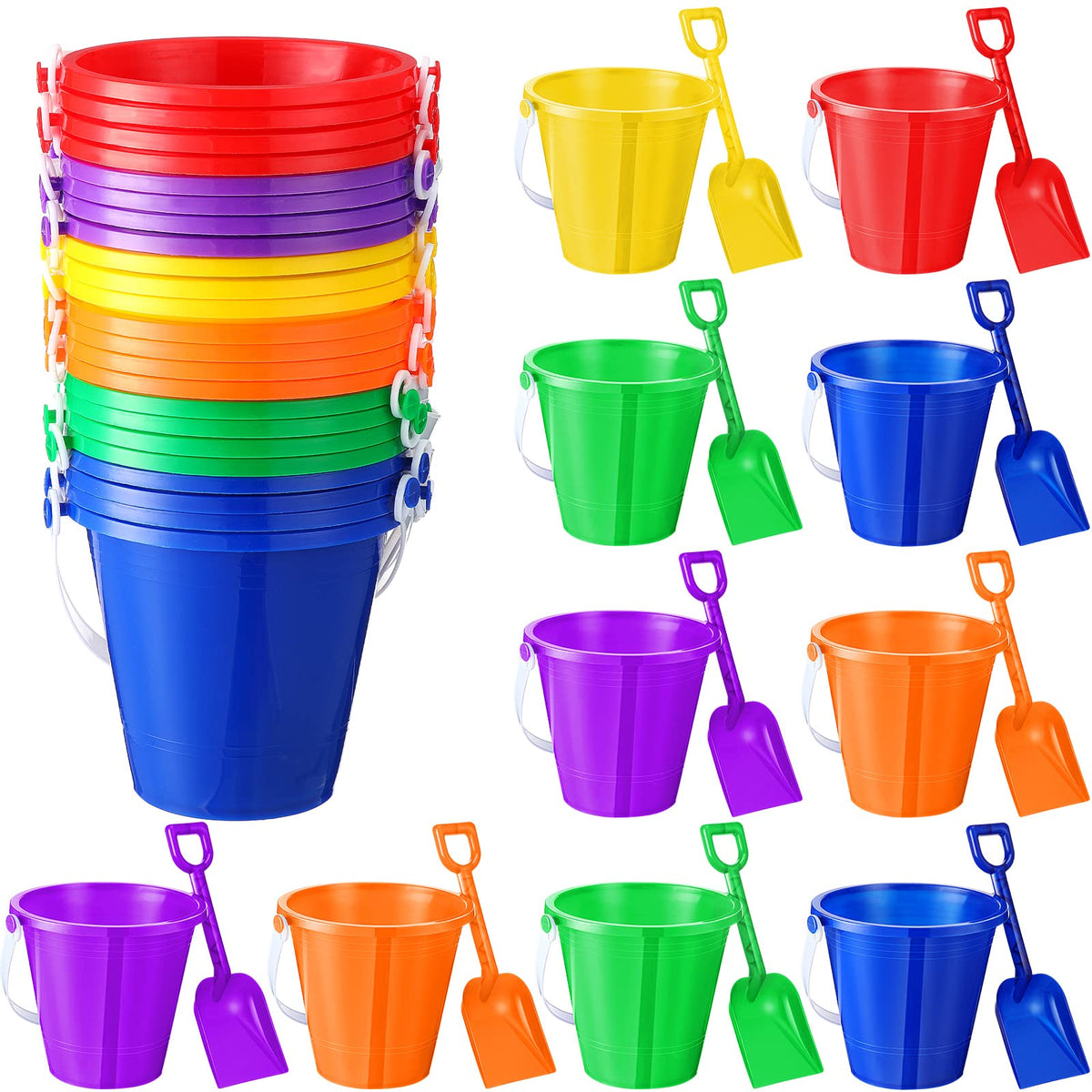 Sratte 18-pack beach buckets shown for durable, colorful sand play at the shore.