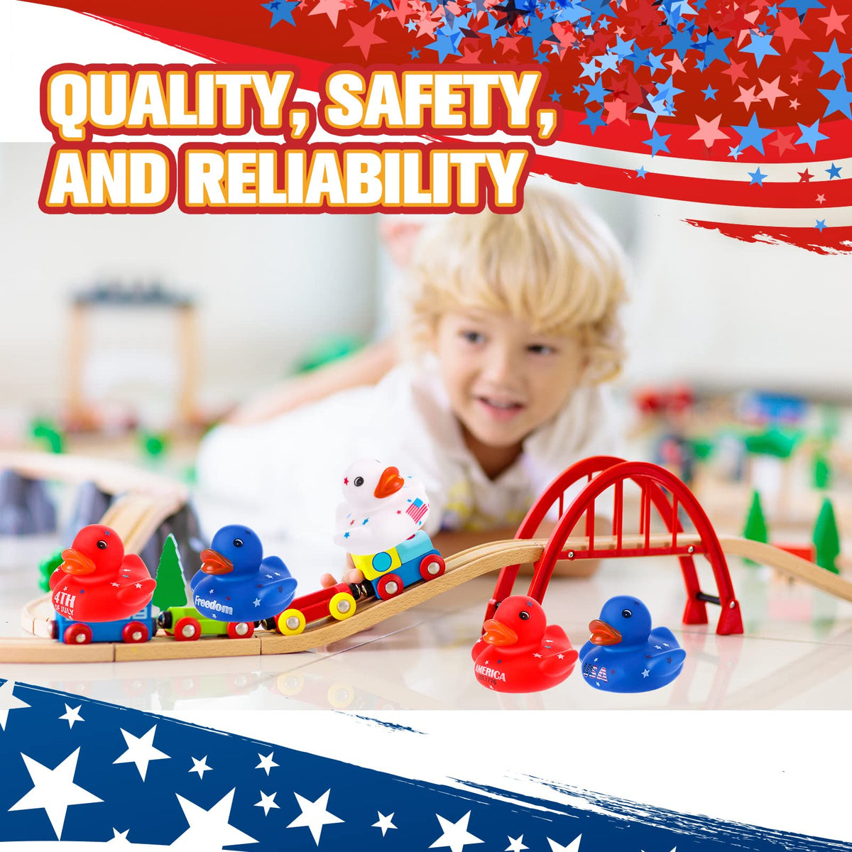 Sratte 2-inch patriotic ducks float well for water play.
