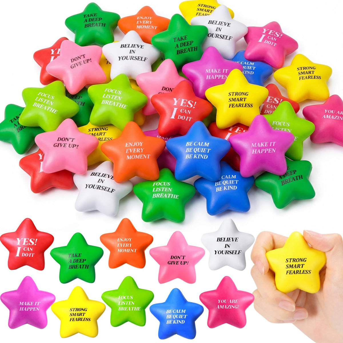 Sratte star stress balls bulk in assorted colors for sharing and stress relief.