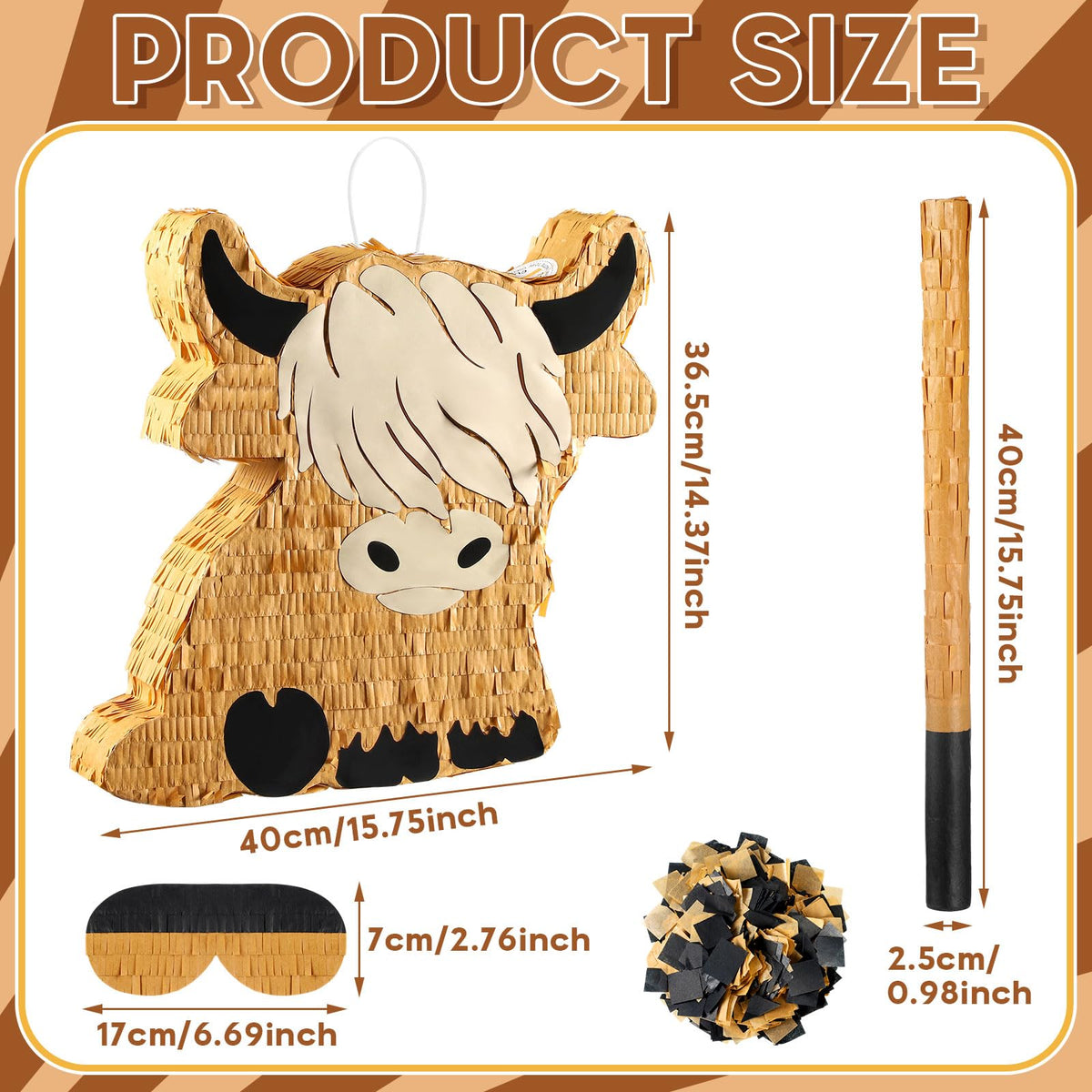 Sratte Highland Cow pinata with bat ready for playful striking.
