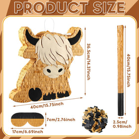 Sratte Highland Cow pinata with bat ready for playful striking.