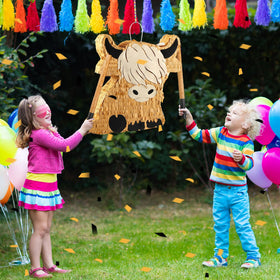 Sratte Highland Cow pinata decor idea for themed parties.