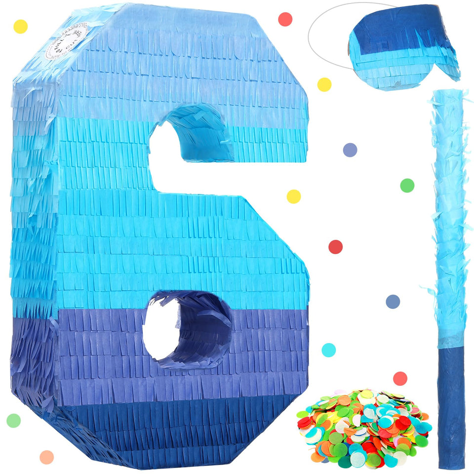 Sratte pinata number 6 gradient blue front view, ideal festive centerpiece.