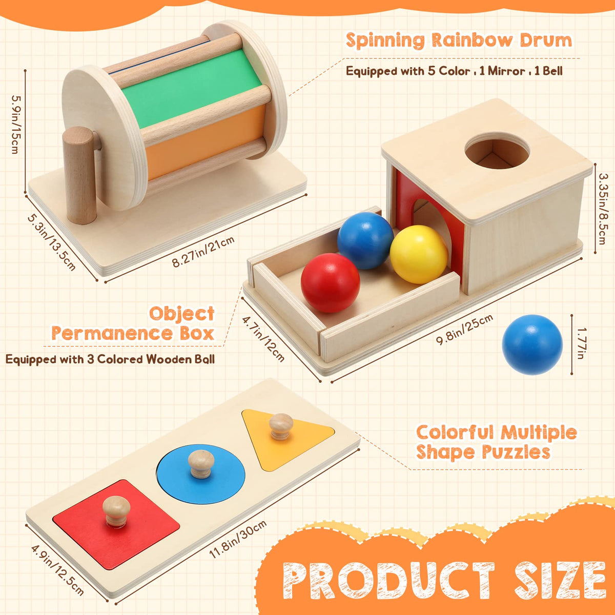 Sratte Object Permanence Box shows a wooden tray and colored balls for exploration.
